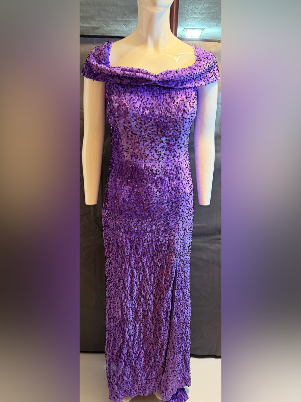 Elegant Purple Off-Shoulder Sequin Evening Gown